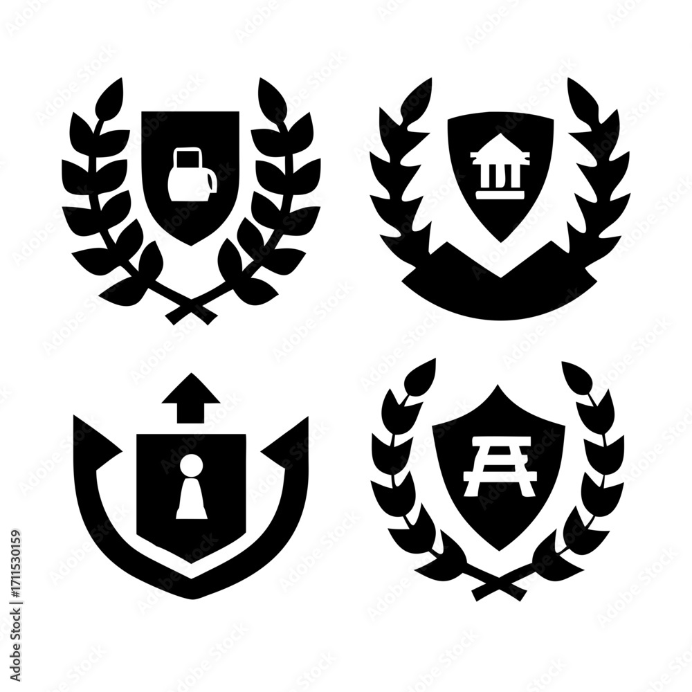 Fototapeta premium Vintage educational coat of arms set with university college and academy elements isolated vector illustration. Laurel wreaths, shields, ribbons illustration for awards ,badges, and branding designs 
