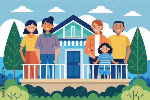Family gathers on porch of a cozy home surrounded by trees and greenery in bright daylight