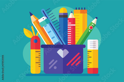 Colorful assortment of stationery tools in a desk organizer, perfect for creative projects and school work
