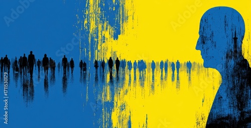 Abstract figures;  blue and yellow;  crowd and solitary