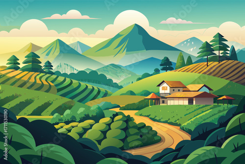 Vibrant landscape of rolling hills, lush fields, and a serene farmhouse at sunset