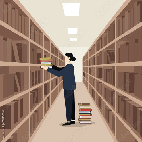 Librarian stands in a library aisle holding books with stacked books on the floor