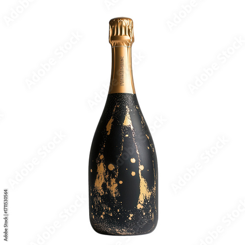 Elegant black and gold champagne bottle isolated on transparent background, perfect for celebrations and special occasions with a touch of luxury and sophistication
