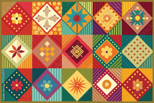 Colorful geometric patterns create a vibrant patchwork design for home decor and textile projects