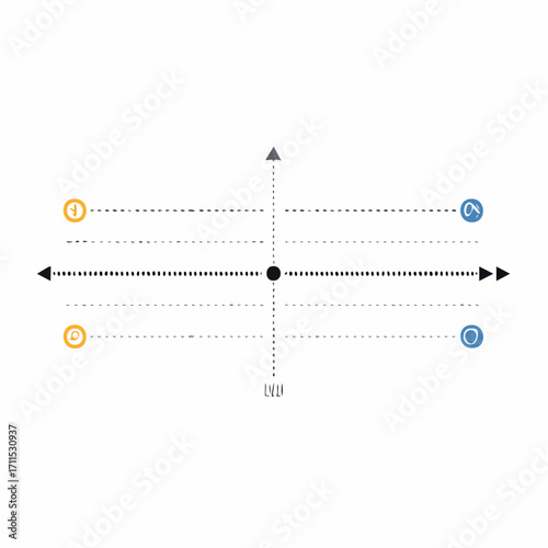 Abstract representation of a central point with directional indicators and circular markers along horizontal and vertical axes