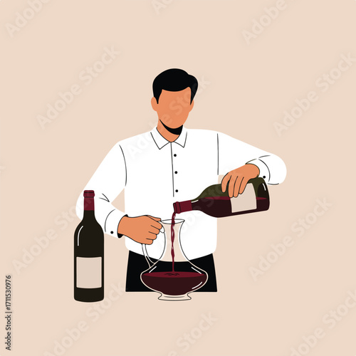 Server pours wine into a decanter, bottle stands on the side. Earth tone illustration