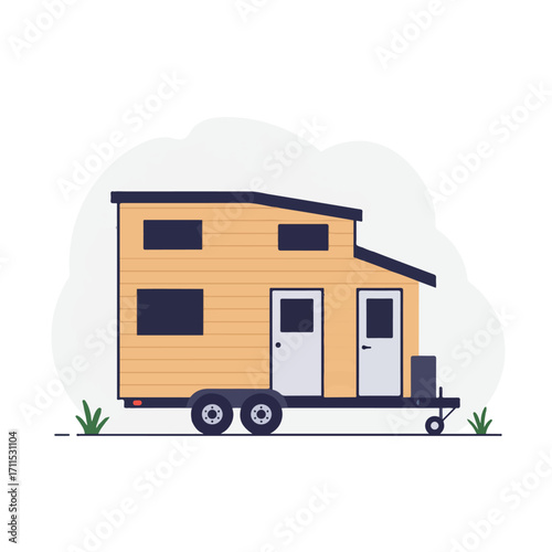 Illustration of a two-story tiny house on a trailer with two doors and small tufts of grass