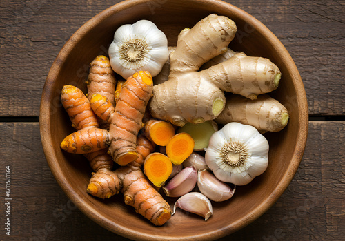 Wooden bowl with turmeric, ginger, and garlic roots rich in phytochemicals