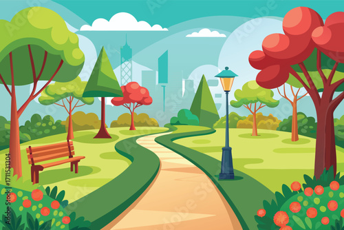Peaceful park scene featuring trees, path, and city skyline under a bright sky