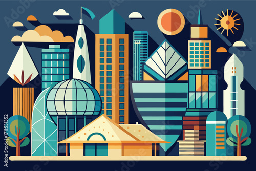 Modern city skyline featuring diverse architectural styles under a clear blue sky