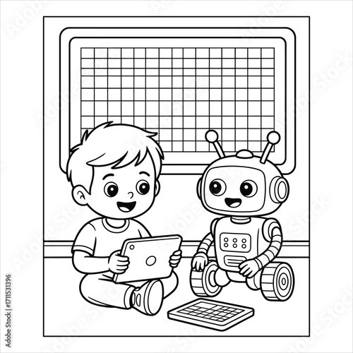 Cute Kid Coding Robot Coloring Page Vector