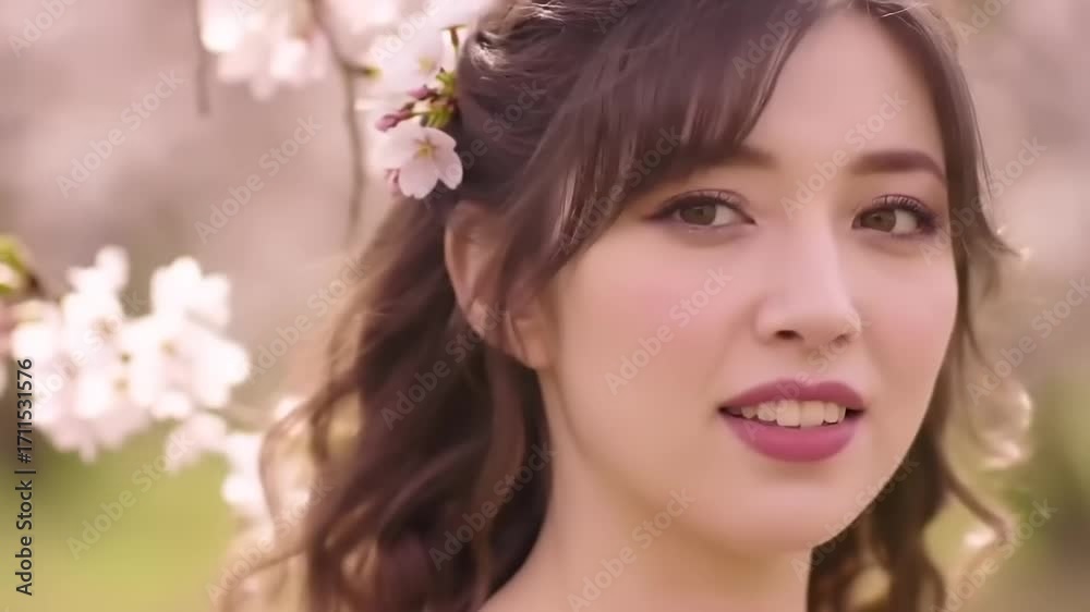 Woman with cherry blossom hairpiece outdoors Woman with cherry blossom hairpiece outdoors