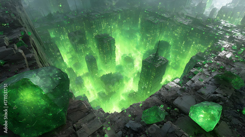 design with light swirls, broken symmetry, and floating glass-like fragments