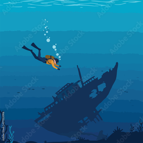 Underwater explorer diving toward a dark shipwreck with bubbles and small fish silhouettes