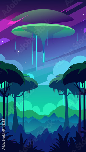 Dreamlike Jungle Canopy Horizon Glowing Aurora Radiance