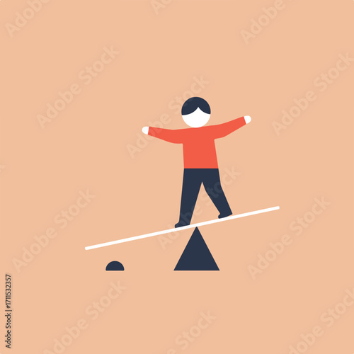 Figure stands atop seesaw balancing over a dark triangle on a tan background