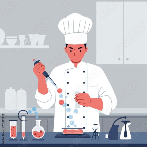 Chef in a lab coat uses scientific tools to cook food with a culinary experiment