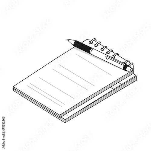 Illustration of a notepad with lines and a pen on top, simple design.