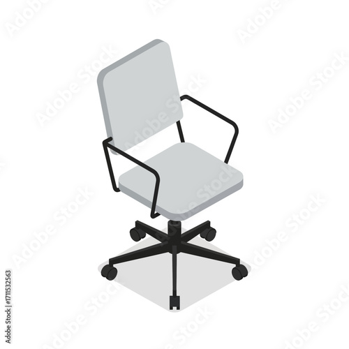Gray office chair with black base and wheels on a white background.