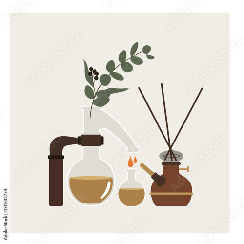 Still-life of botanical elements and distillation apparati on a light beige background