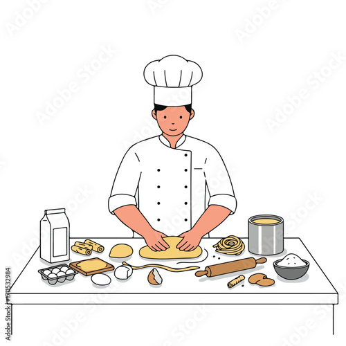 Baker pressing dough at a table filled with ingredients flour, eggs, milk, and pasta