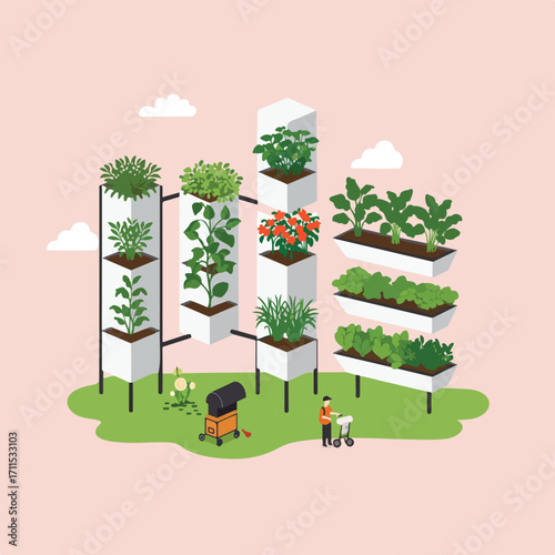 A flat vector illustration of a vertical garden, with a man tending to plants