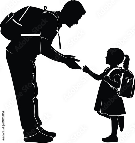 Silhouette of Adult and Child with Backpacks Interacting – School Routine, Parenting, Education, Caring Gesture, Daily Life Vector Illustration