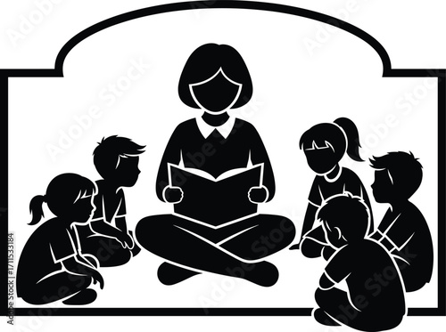 Silhouette of Adult Reading Book to Children in Decorative Frame – Storytelling, Education, Literacy, Learning, Group Engagement, Childhood Concept Art