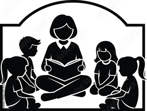 Silhouette of Teacher Reading Book to Children in Decorative Frame – Storytelling, Education, Learning, Group Interaction, Childhood Literacy Concept