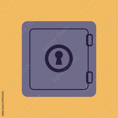 Stylized violet safe box with keyhole on yellow background, simple flat vector illustration
