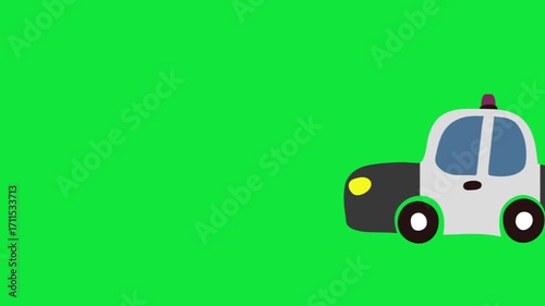 moving cartoon police car animation kids drawing  on green background video footage	
