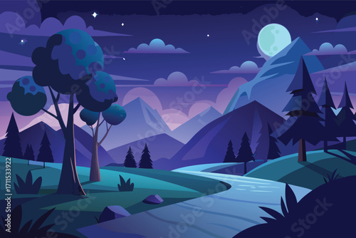 Nighttime landscape with mountains, trees, and a shining moon in a tranquil valley scene