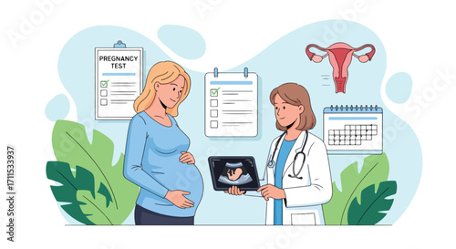 Adobe illustrator artwork vector illustration. A pregnant woman consults with a female doctor who shows her an ultrasound image, with pregnancy test and calendar elements
