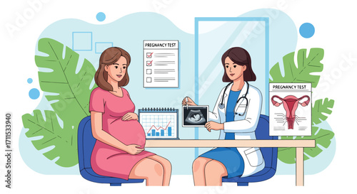 Adobe illustrator artwork vector illustration. A pregnant woman consults with a female doctor who shows her an ultrasound image, with pregnancy test and calendar elements