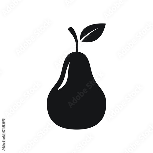 Black pear silhouette with a leaf on a white background