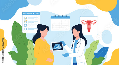 Adobe illustrator artwork vector illustration. A pregnant woman consults with a female doctor who shows her an ultrasound image, with pregnancy test and calendar elements