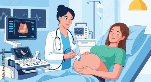Adobe illustrator artwork vector illustration. A smiling pregnant woman on an examination bed receives an ultrasound from a female doctor, with medical equipment in the background