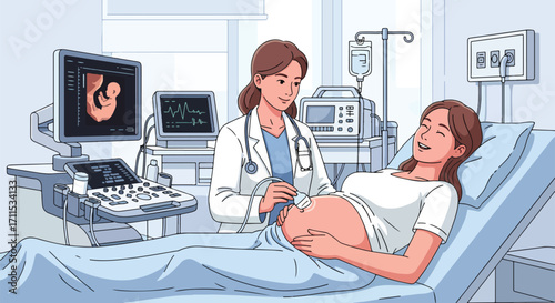 Adobe illustrator artwork vector illustration. A smiling pregnant woman on an examination bed receives an ultrasound from a female doctor, with medical equipment in the background