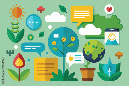 Colorful illustration of nature and communication in a lively design promoting environmental awareness and dialogue