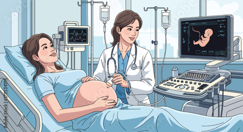 Adobe illustrator artwork vector illustration. A smiling pregnant woman on an examination bed receives an ultrasound from a female doctor, with medical equipment in the background