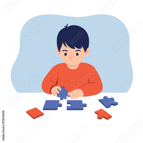 Boy solving puzzle
