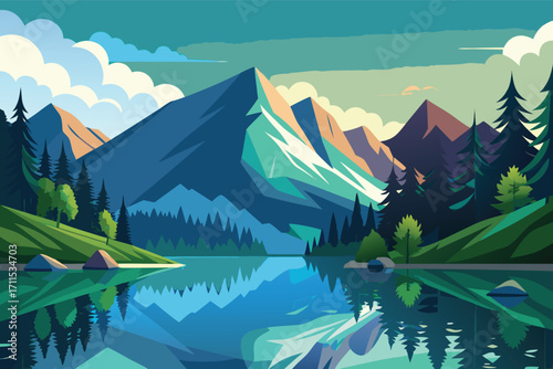 Mountain landscape reflecting in crystal clear lake during a calm afternoon in nature