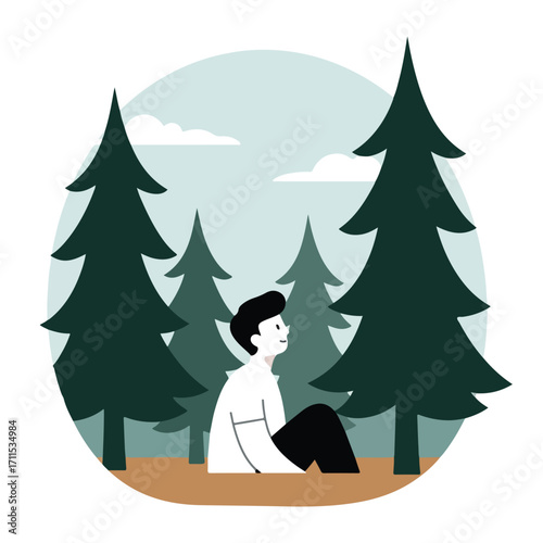 Cartoon illustration of a figure sitting amid stylized evergreen trees in a light blue space