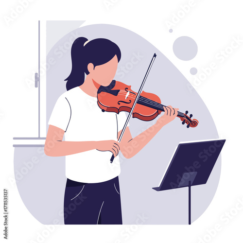 Woman is playing a violin in a room with a music stand and window, illustration