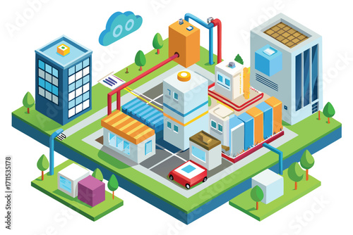 Urban landscape with buildings and industrial structures in a vibrant city scene