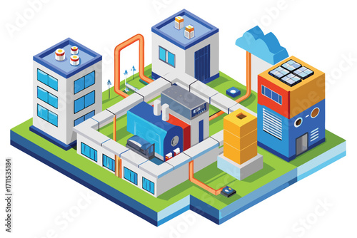 Industrial cityscape featuring modern buildings and energy solutions in a vibrant design
