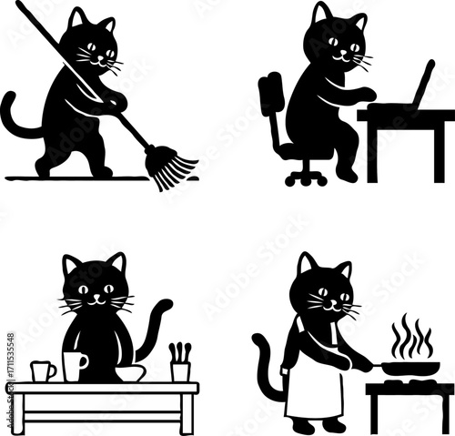 Cats Doing Chores: Cleaning, Working, Eating, and Cooking
