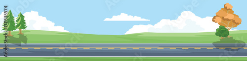Horizontal or landscape of smooth asphalt road. On the wide grassland on the hills. There were grasses and trees growing on both sides. Softe color of mountain and blue sky with white clouds.