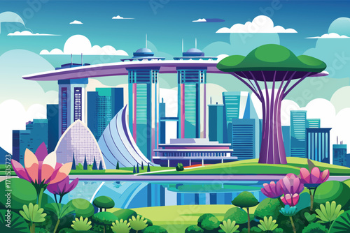 City skyline of Singapore showcasing modern architecture and lush greenery during a sunny day