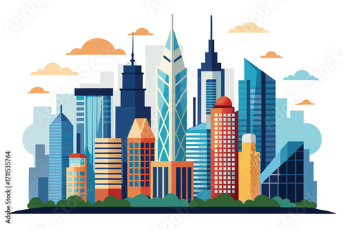 Vibrant city skyline with modern buildings under a bright sky shows urban life and architecture